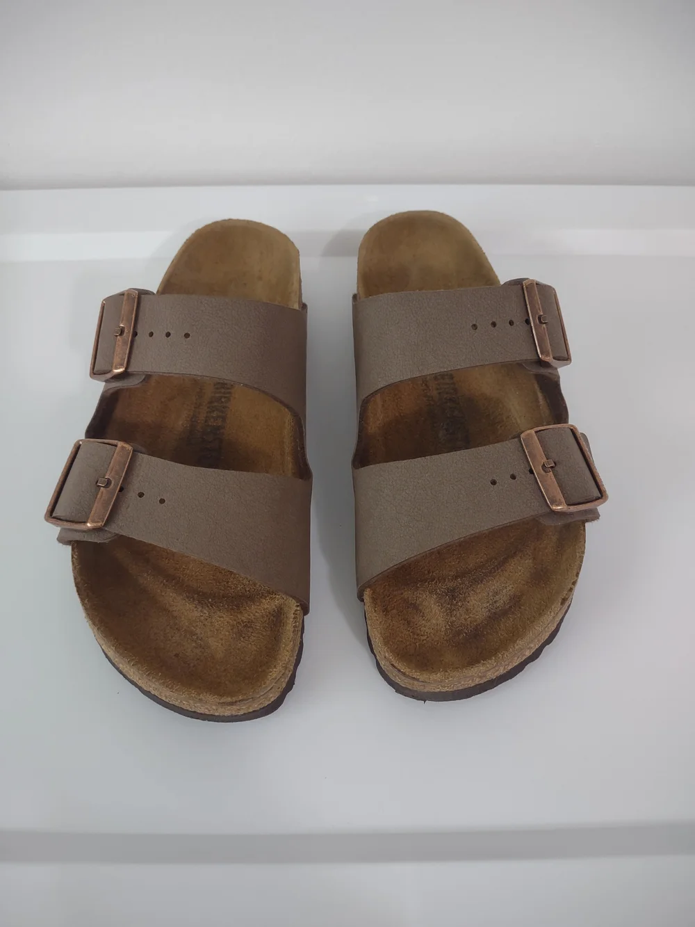Birkenstock Double-Strap Sandals in Taupe with Rose Gold Buckles 38 Regular